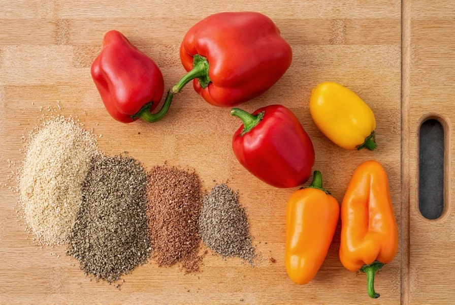 Homemade custom pepper blend ingredients arranged on wooden cutting board