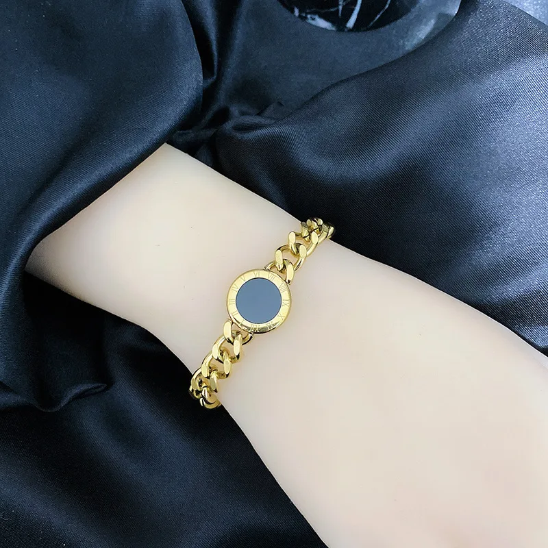 

Luxury Famous Brand Jewelry Rose Gold Stainless Steel Roman numerals Chunky Bracelets & Bangles Female Charm Bracelet For Women, Picture shows