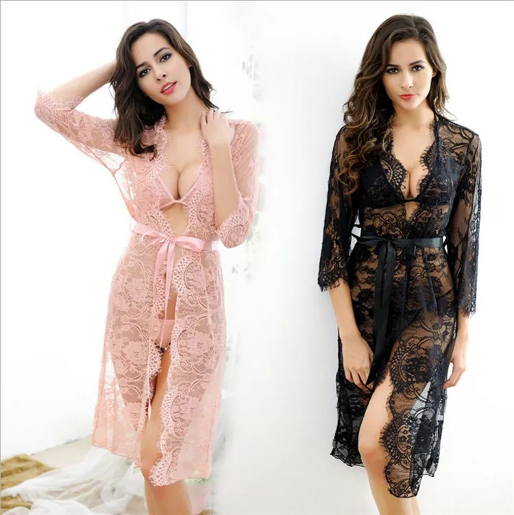 

Large Size 5-color Women's Erotic Lingerie Nightgown Lace Nightdress Long Sleeve Lace Pajamas Set, White ,red,rose,black,pink