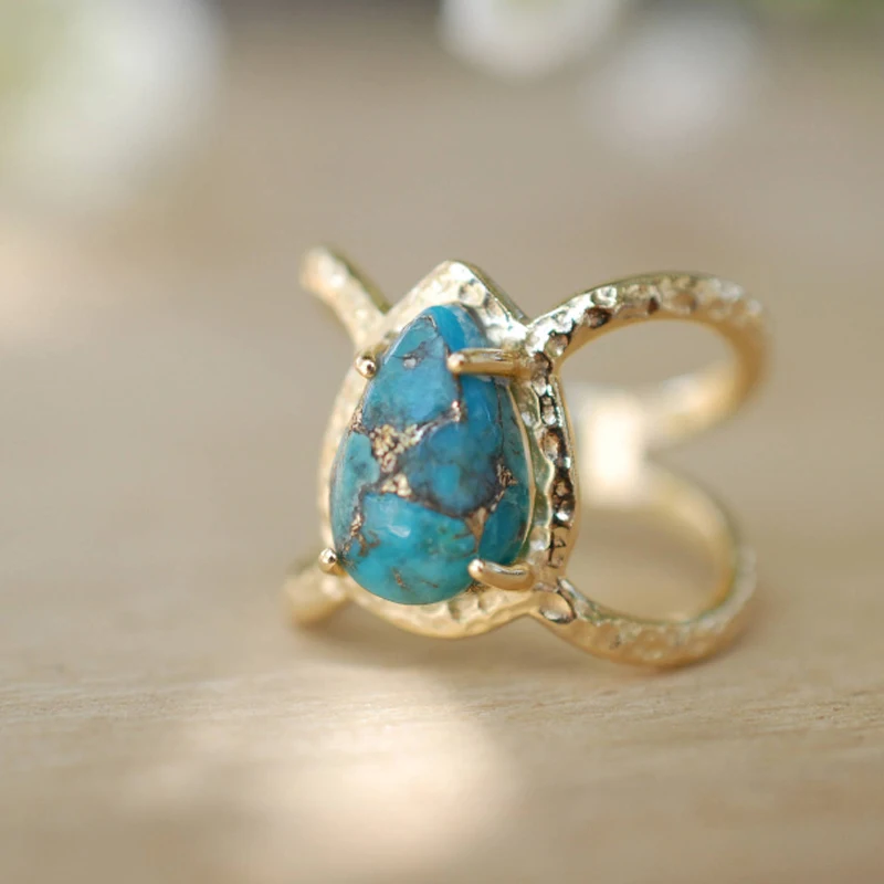 

19S10103 2020 Wholesale Copper Turquoise Stone Ring Teardrop Jewelry Stone Ring For Wedding And Engagement Gifts, Gold