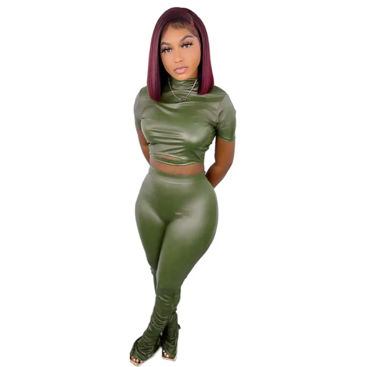 

Women's Leather Leggings Autumn faux Leather 2 Two-piece Stacked Pants Suit