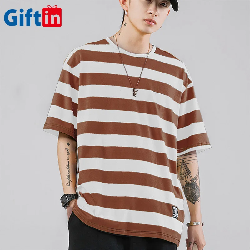 

High quality male custom t shirt summer mens 100%cotton striped fashion shirt logo embroidery custom, Yellow and black striped ,blank and blue striped and so on