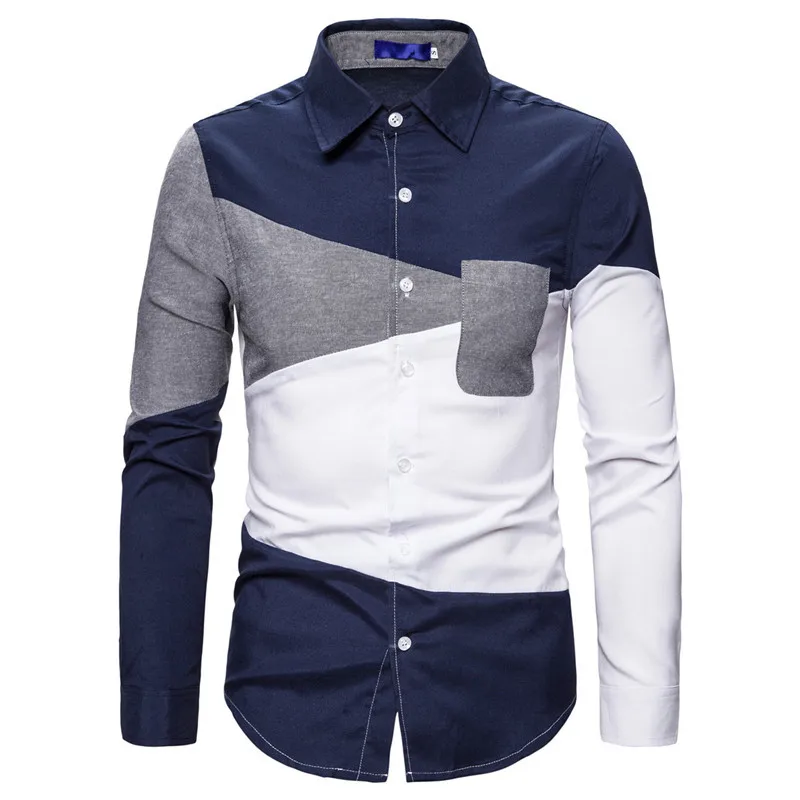 

European and American Men's Color Contrast Casual Long Sleeve Shirt Youth Men's Shirt