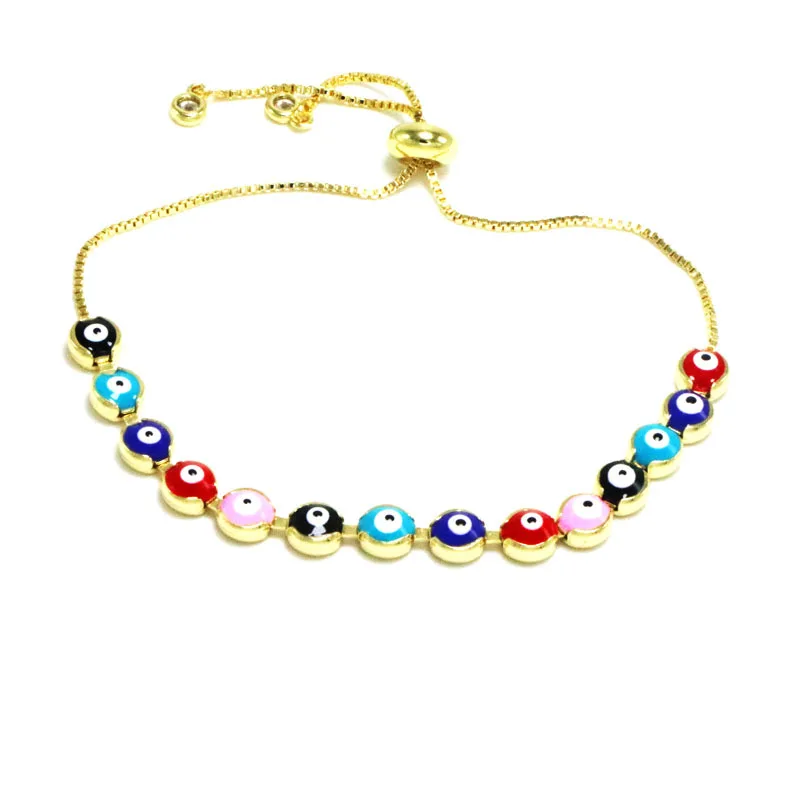 

18k Gold Plated Rainbow Enamel evil eyes Spiritual Chain Slide bracelet Jewelry