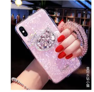 Luxury Leather Croco Print Phone Case Fuzzy Ball Bracelet