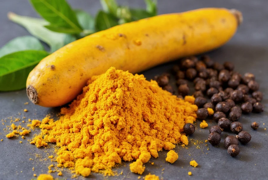 Golden turmeric root beside fresh curry leaves and black peppercorns for natural anti-inflammatory cooking