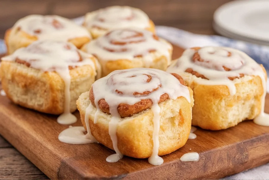 Freshly baked easy cinnamon rolls with creamy glaze drizzled on top, served on a rustic wooden board