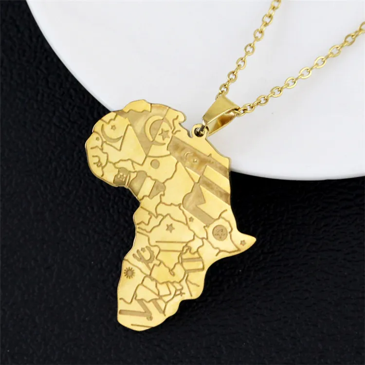 

Hot selling European and American personality pendant with Africa map terrain stainless steel gold necklace, Picture shows