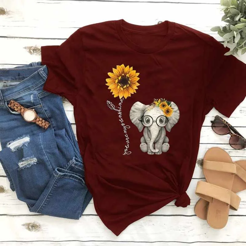 

New Elephant Sunflower Print Shirt Women Casual Short Sleeve O Neck Tee Tops For Female Cartoon Cute T-shirts Femme Clothes, As pictures