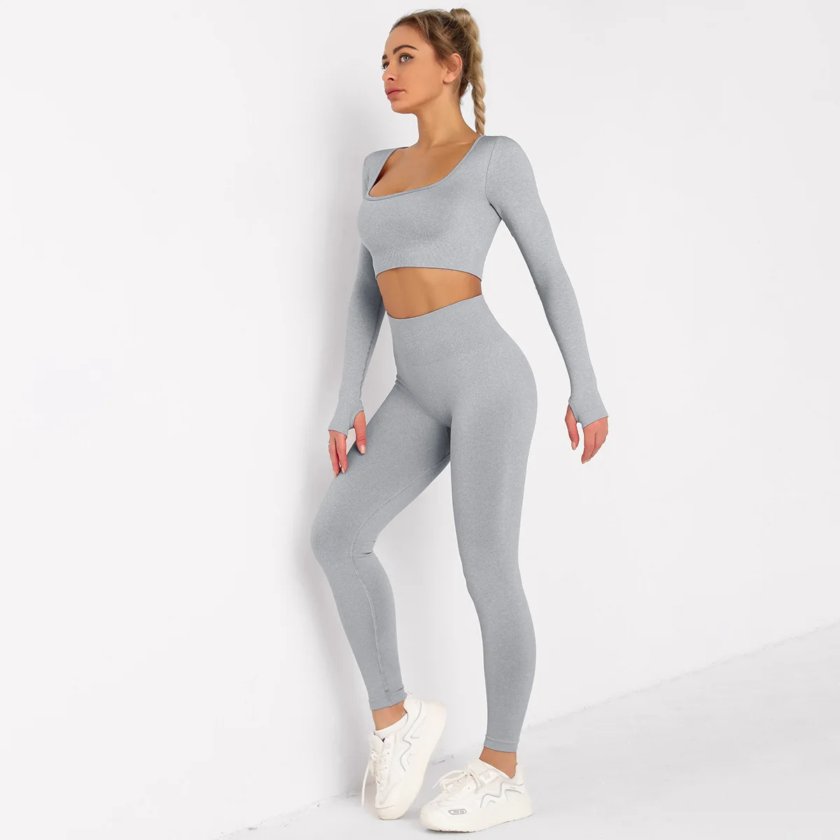 

Women U Neck Long Sleeve Shirt Seamless Leggings Yoga Gym Yoga Suit Workout Set