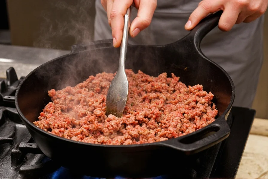 Professional chef browning ground beef in cast iron pot for homemade chili recipe