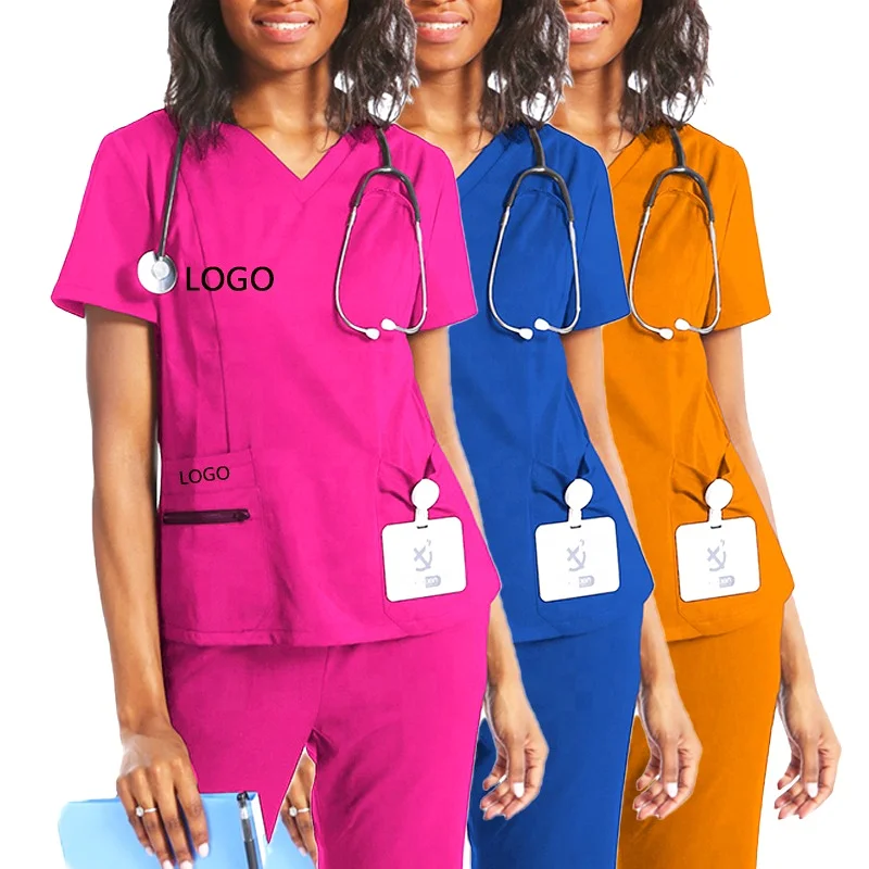 

Factory Price Unisex Scrubs Nursing Uniforms 2pcs Women Figs Scrubs Sets for Women Stretch Nurses Solid Top with Logo, Customized