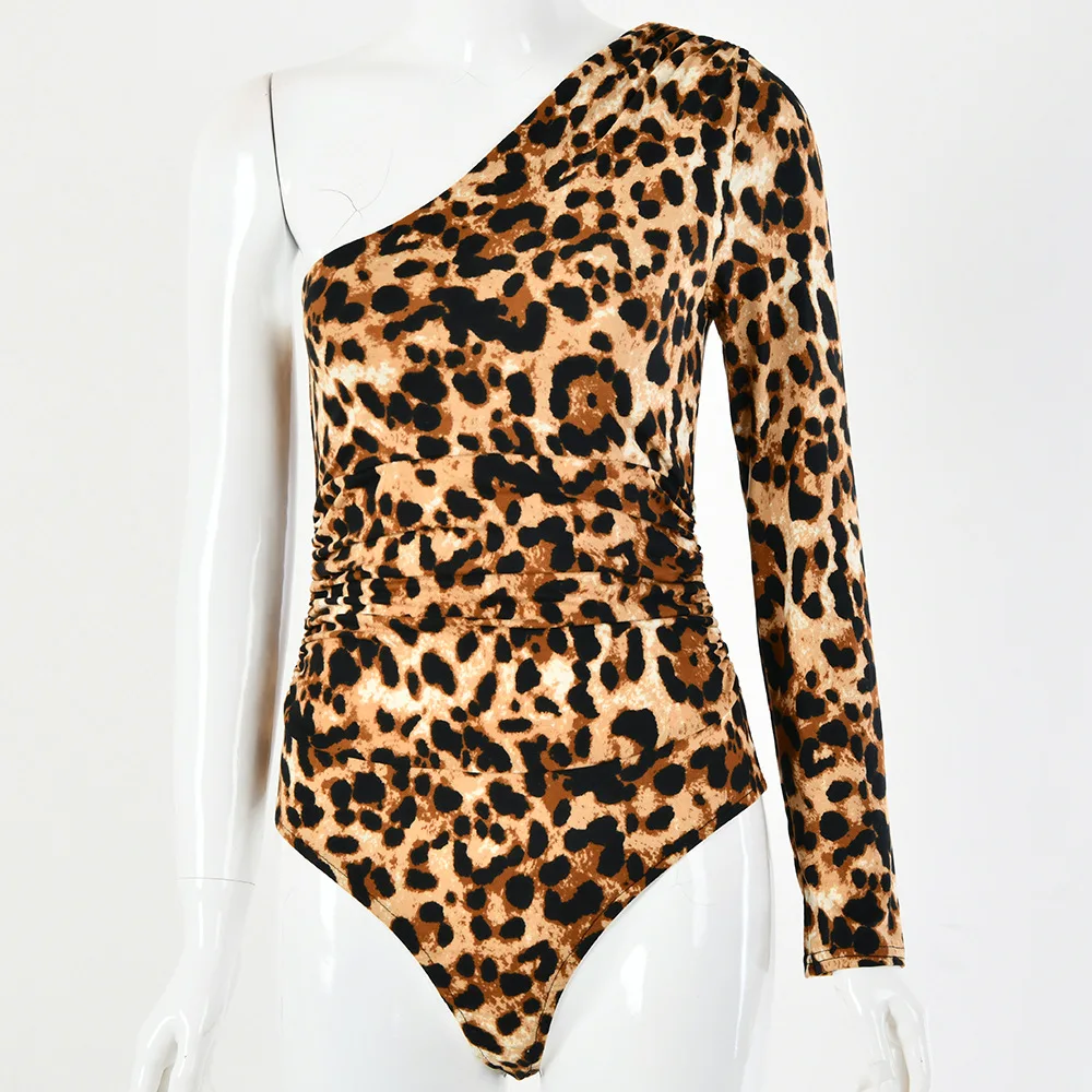Leopard Printed Bodysuit For Women Sexy Bodycon Body Suit One Shoulder