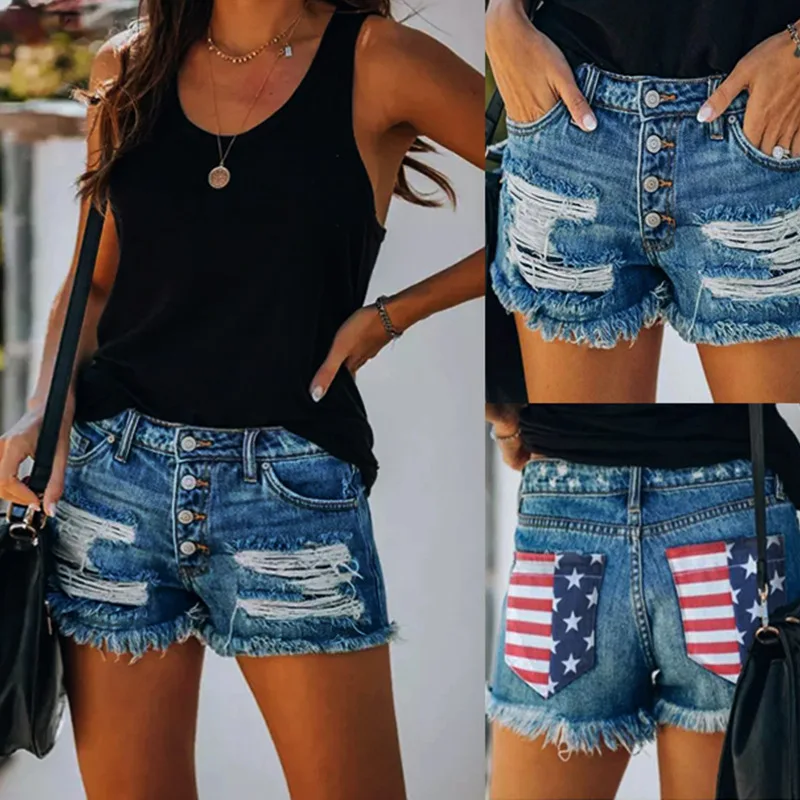 

2021 Wholesale Independence Day Clothes American Flag Pocket Tassel Casual Women Summer Hot Jeans Shorts, As shown