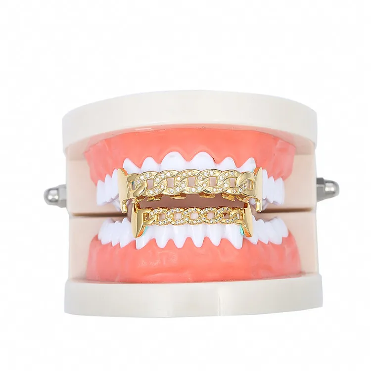 

Hip hop mens jewelry custom top and bottom teeth grillz cz diamond 18k gold plated teeth grillz