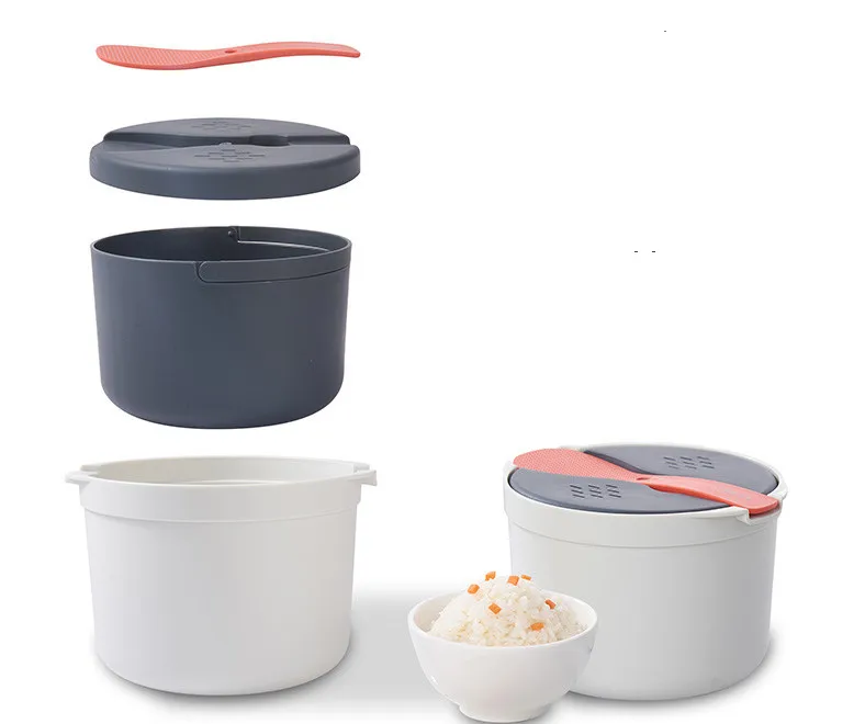 

Plastic Kitchen Food Microwave rice and Grains cooker Microwave 4 piece stackable Cooking set Bucket Rice Container Sealed, White and orange