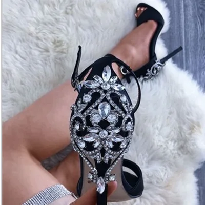 

China Supplier Fashion Super High Heel Buckle High Heels Dress Shoes Open Lace-up High Heels Rhinestone Catwalk Banque