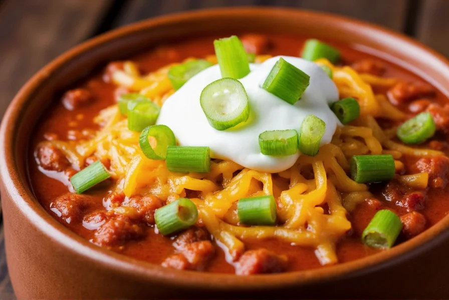 Close-up of a steaming bowl of chili with melted cheese, sour cream, and chopped green onions as toppings