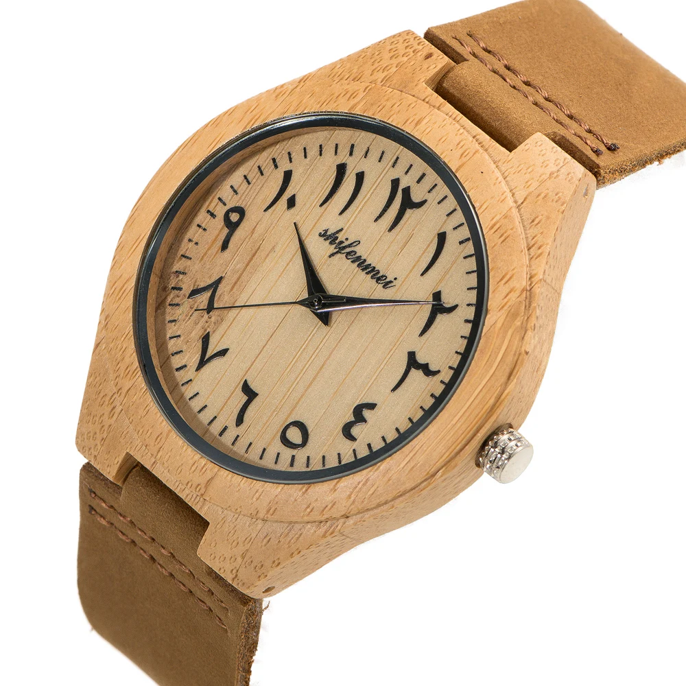 

custom logo mens wooden bamboo leather strap arabic numbers dial wrist watch