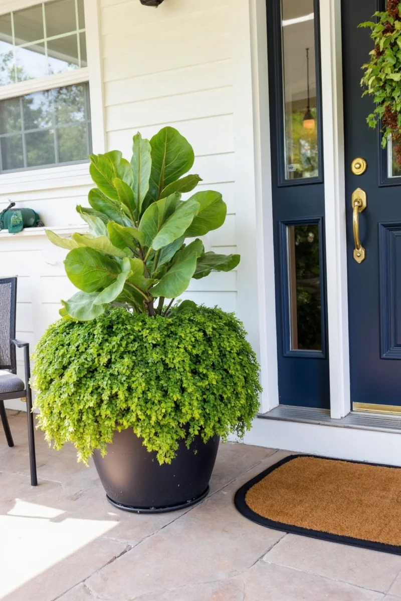 Fiddle leaf fig plant placed on a cozy Oklahoma porch with string lights and rustic wood furniture.