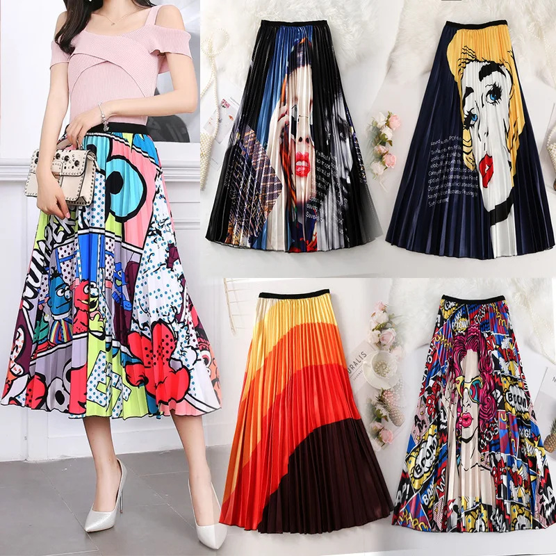 

Brand new summer casual high waist floral print boho skirts women pleated skirt