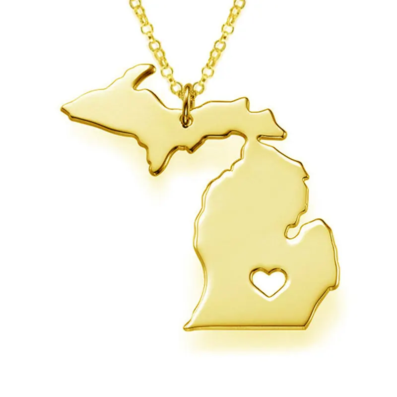 

2020 Fashion Popular Gift Stainless Steel Gold Plated USA State Michigan Map Shape Pendant Jewelry Necklace, Silver,gold,rose gold