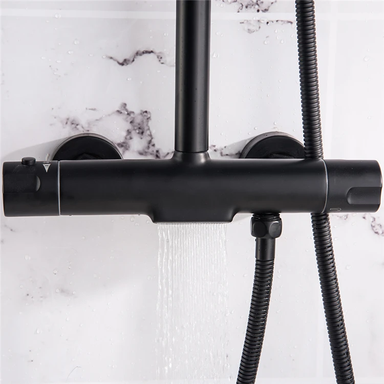 Black Rain Shower Head Thermostatic Bath Faucet Wall Mounted Shower Faucet Set