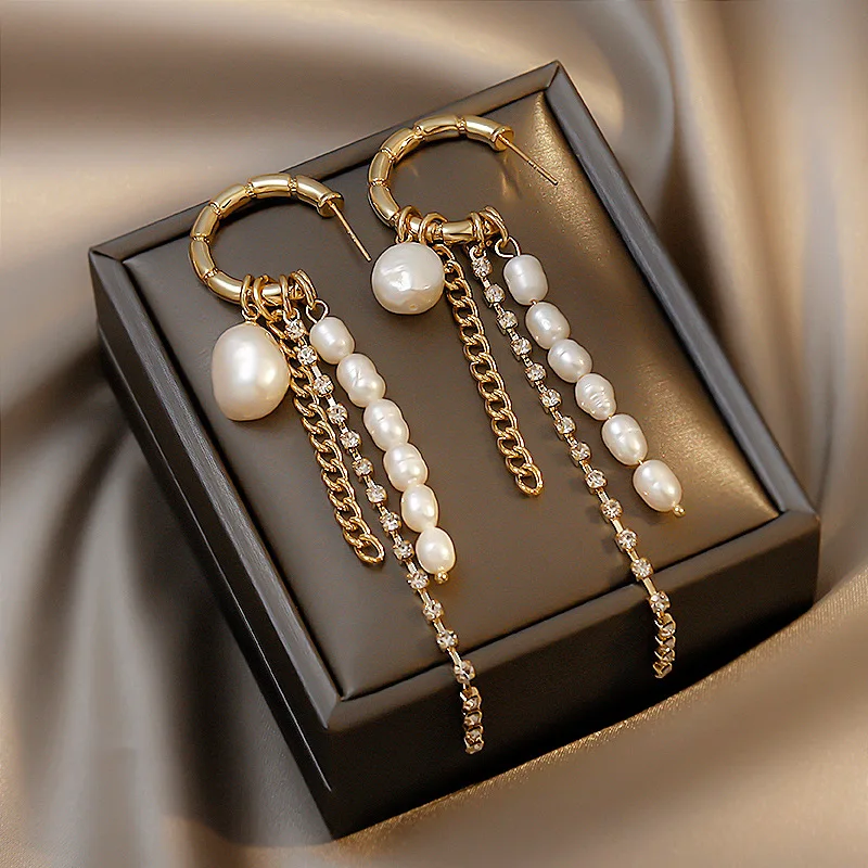 

Retro Shiny Cubic Zircon Tassel Chain Drop Earring Baroque Pearl Dangle Earring