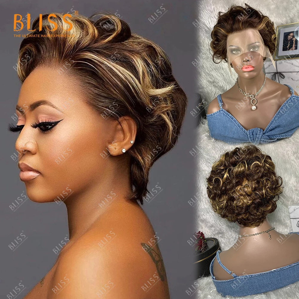 

Bliss P4/27 Short Pixie Cut Human Hair Wigs Honey Blonde Highlight Color Wigs Lace Front Short Pixie Cut Wigs