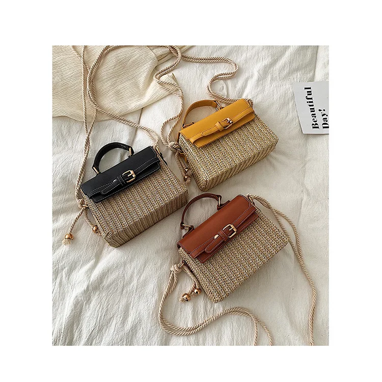 

Rattan Weave Women Crossbody Bags Fashion Patchwork Braided Basket Bag Female Belt-lock Beach Holiday Shoulder Packs Handbags