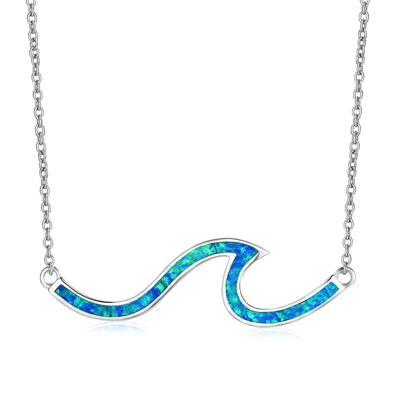 

White Fire Opal Ocean Blue Wave Pendant Necklaces For Women 925 Silver Geometric Jewelry Female Summer Beach Necklace