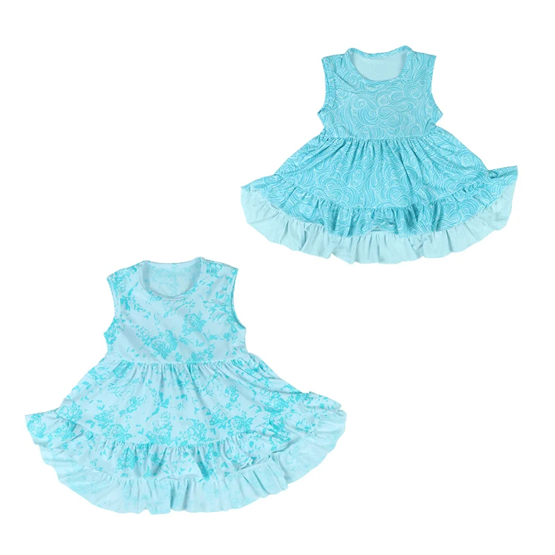 

New designed Sleeveless ruffle top summer cool kids blue dress for baby girls