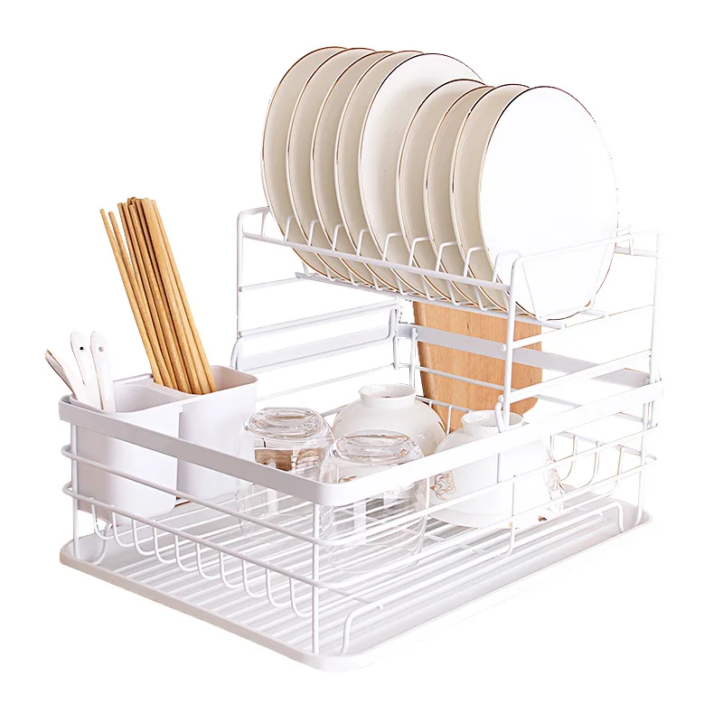 

Low-priced Home Kitchen Metal And Iron Art Material Large Capacity 2-layer Dish Rack, White