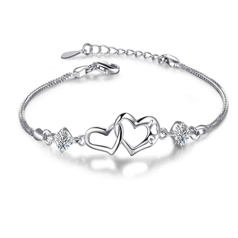 

2021 New Product Jewelry Brass Couple Bracelet with Double Love Heart Silver Charm Chain Bracelet Bangle, Picture shows