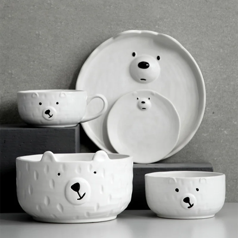 

Ice Bear White Dinnerware Cute Ceramic Dinner Bear Plates Kitchen Dish Coffee Cup Porcelain Plate Bowl Mug Kid's Tableware Set