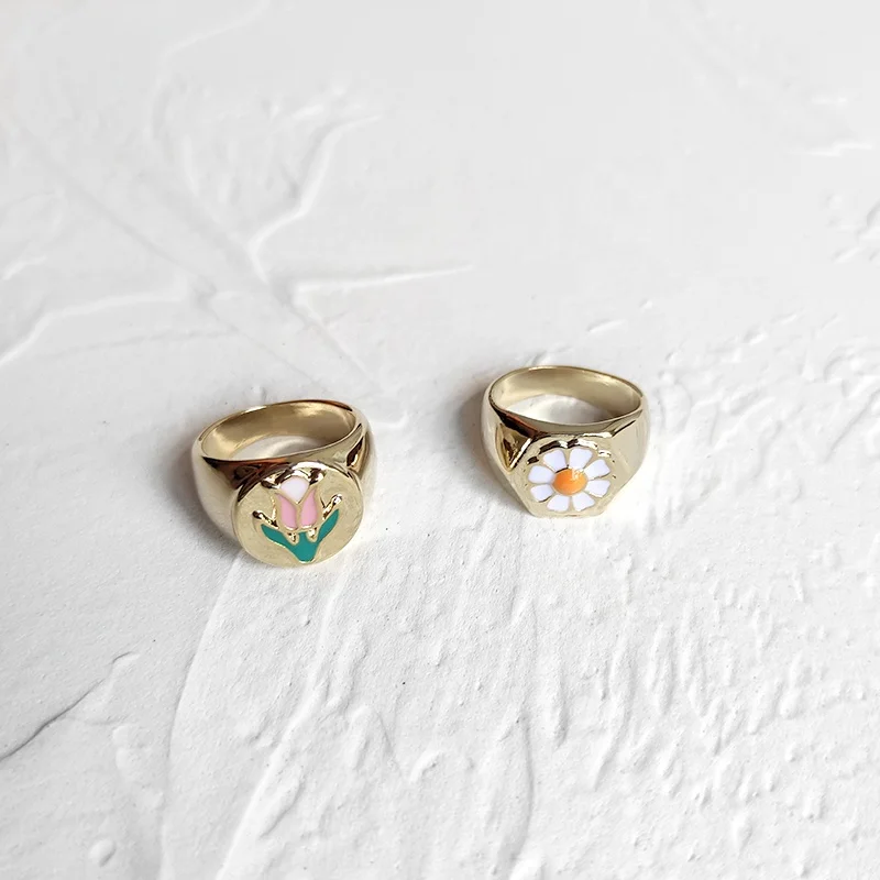 

Gold Silver Tulip Daisy Flower Rings Colorful Enamel Geometric Rings for Women Size 7 Vintage Rings 2020 Hot Jewelry