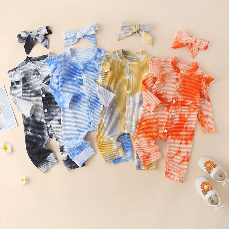 

2020 New Baby Tie Dye Rompers Pit Knitted Long Sleeve Button Jumpsuits + Headbands 2Pcs Infants Clothing M178
