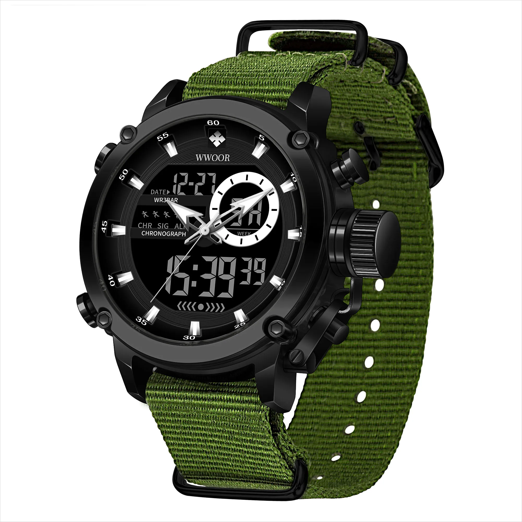

WWOOR 8882 Business Double Movement Men Dual Display Watches Band Wrist Watch Digital Watches Waterproof Alarm Chronograph Nylon