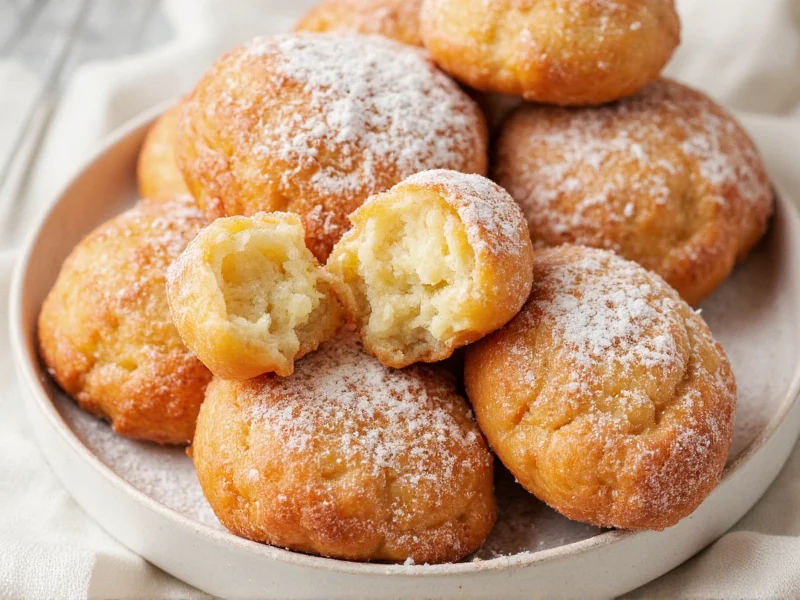 Golden homemade beignets dusted with powdered sugar