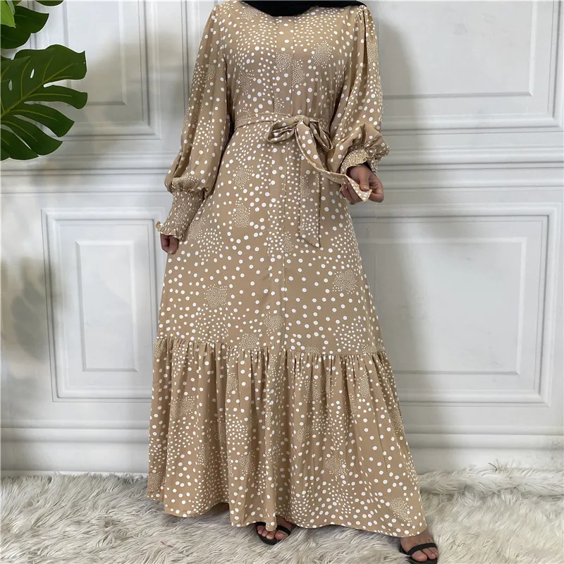 

New Arrival Muslim Women Print Polka Dots Dress Ruffle Hem Elastic Sleeve Modest Long Maxi Abaya Dress, 5 colors available