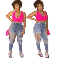 

B91065 Wholesale plus size denim jeans hole tassel women pencil pants casual high-waisted jeans sexy for night club