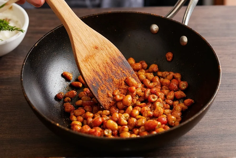 Chef seasoning wok with Szechuan pepper substitute blend during stir-fry preparation