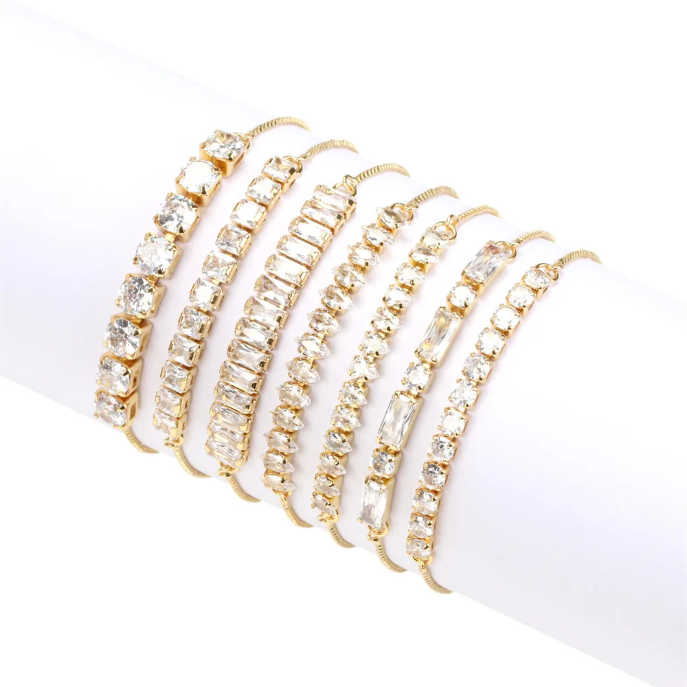 

18k Gold Plated Box Chain Sparkling Round Crystal CZ Tennis Sliding Bracelet Full Square Cubic Zirconia  Bracelet, As picture