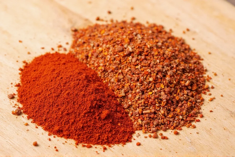 Side-by-side comparison of red pepper and red chili flakes