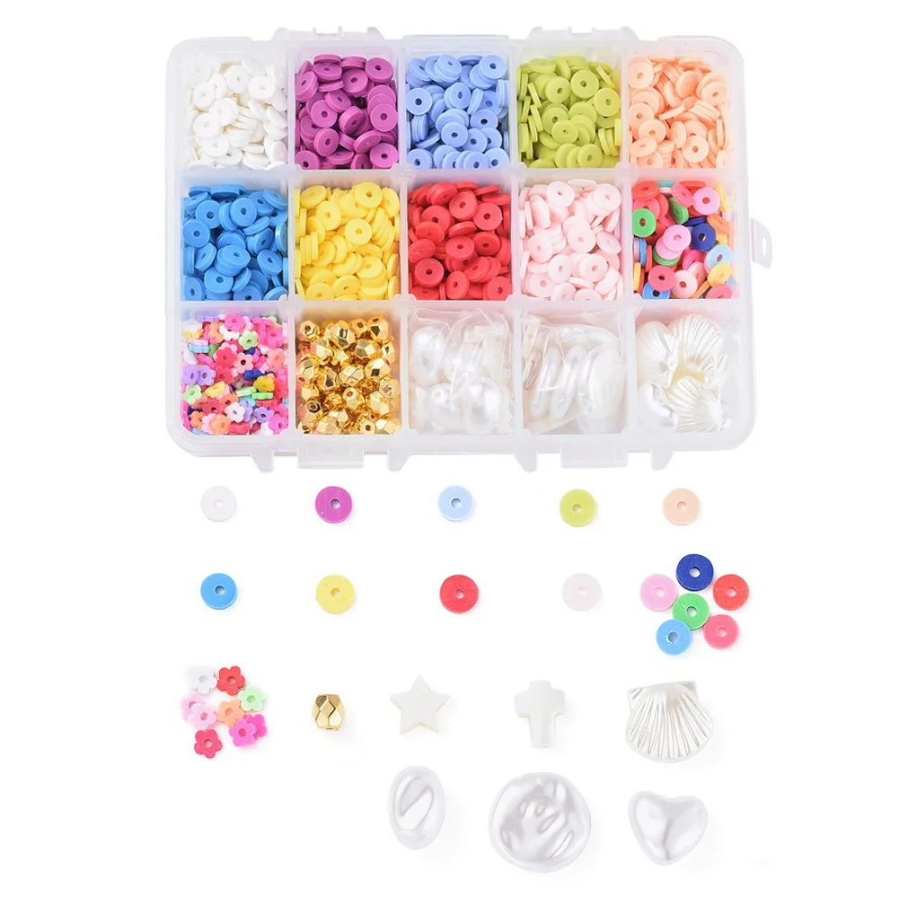 

1 Box Of 15 Grids Mixed Colors Flat Round Square Beads DIY Imitation Pearl Seashell Loose Beads Bracelet Necklace Accessories, Multi