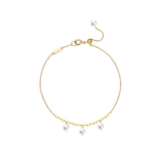 

Women's 18K Gold Yellow Gold Chain Bracelet with Three Natural Akoya Pearl Pendant Stations Free Shipping