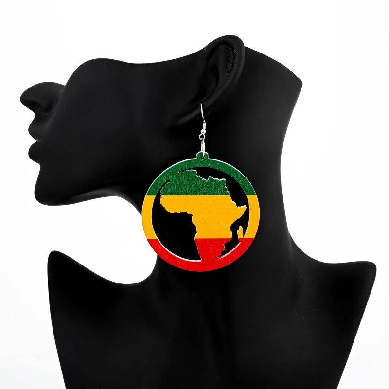 

Hot sale African Printed Map Round Rasta Wooden Africa Earrings Geometric Colorful earrings For Women