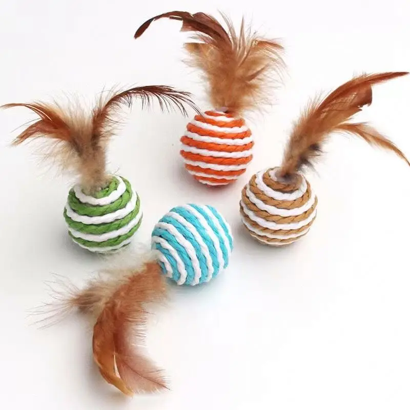 

Cute juguetes para gatos training Ball Interactive scratching colorful sisal rope Braided ball with feathered amused cat toys