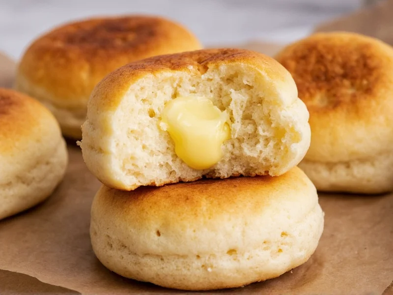 Stack of homemade english muffins with butter melting