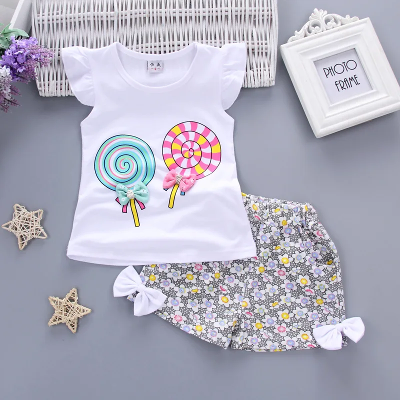 

Summer Clothes Set New Style 2pcs Toddler Kids Baby Girls Outfits Lolly T-shirt Tops+short Pants Vogue Baby Clothes, Picture shows